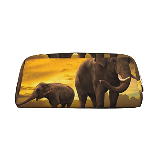 Sunset Elephant Print Pencil Case Waterproof Leather Pencil Pouch Travel Comestic Bag Storage Bag For Work Office, gold, Einheitsgröße, Kunst von OUSIKA