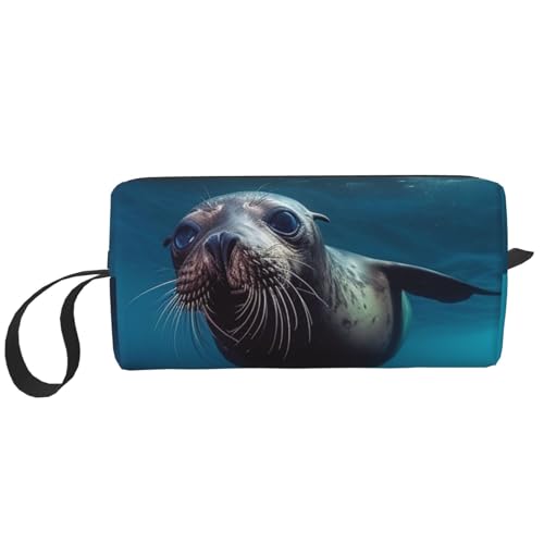 Unterwasser-Kosmetiktasche mit Seelöwenmotiv für Damen, tragbare Make-up-Tasche, Reise-Aufbewahrungstasche, für den täglichen Gebrauch, große Kapazität, Kulturbeutel, weiß, Einheitsgröße von OUSIKA