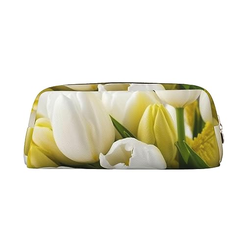 Weiße Tulpen Blumen Make-up Tasche Leder Federmäppchen Reise Kulturbeutel Kosmetiktasche Tägliche Aufbewahrungstasche für Frauen, gold, Einheitsgröße, Taschen-Organizer von OUSIKA