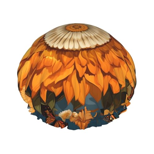 Wiederverwendbare Duschhaube für Damen, wasserdicht, doppellagig, Badehaube, Sonnenblume, umgeben von Schmetterlingen, Duschhut für Damen, Spa-Salon, große Größe für alle Haarlängen Wiederverwendbare Duschhaube für Damen, wasserdicht, doppellagig, Badehaube, Sonnenblume, umgeben von Schmetterlingen, Duschhut für Damen, Spa-Salon, große Größe für alle Haarlängen von OUSIKA