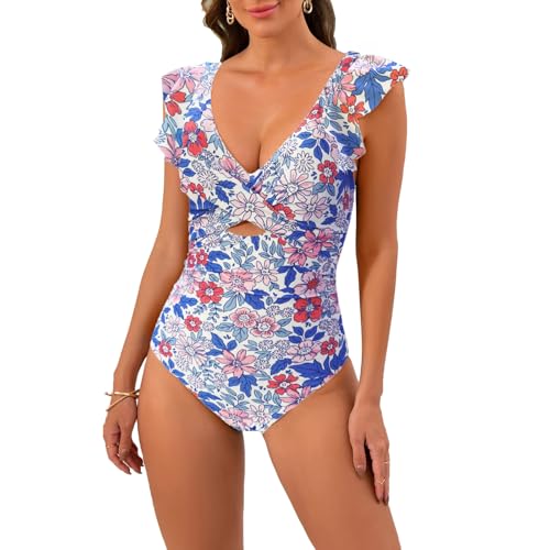 OUSIMEN Badeanzug Einteiler V Ausschnit Monokinis Raffungen Zierausschnitten Bademode Swimsuit von OUSIMEN