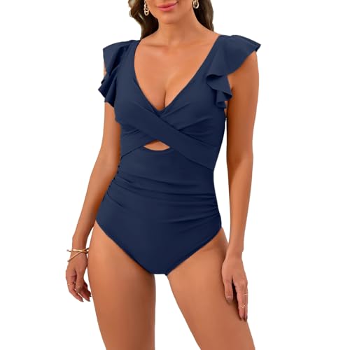 OUSIMEN Badeanzug Einteiler V Ausschnit Monokinis Raffungen Zierausschnitten Bademode Swimsuit von OUSIMEN