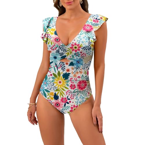 OUSIMEN Badeanzug Einteiler V Ausschnit Monokinis Raffungen Zierausschnitten Bademode Swimsuit von OUSIMEN