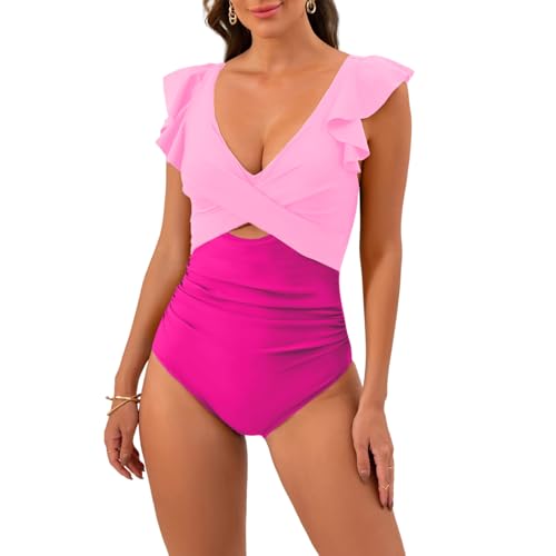 OUSIMEN Badeanzug Einteiler V Ausschnit Monokinis Raffungen Zierausschnitten Bademode Swimsuit von OUSIMEN