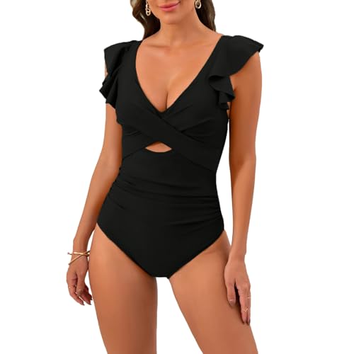 OUSIMEN Badeanzug Einteiler V Ausschnit Monokinis Raffungen Zierausschnitten Bademode Swimsuit von OUSIMEN