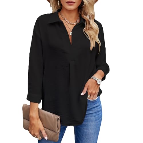 OUSIMEN Blusen & Tuniken für Damen V-Ausschnitt Tunika Elegant Langarm Blusen Festliche Oberteile Casual Langarmshirt Lässig Hemdbluse Damen Tops Longshirt von OUSIMEN