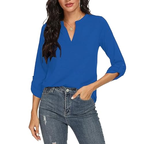 OUSIMEN Damen 3/4 Ärmel Bluse Damen V-Ausschnitt Elegant Langarm Blusen T-Shirt Casual Lässig Tops Einfarbig Longshirt von OUSIMEN