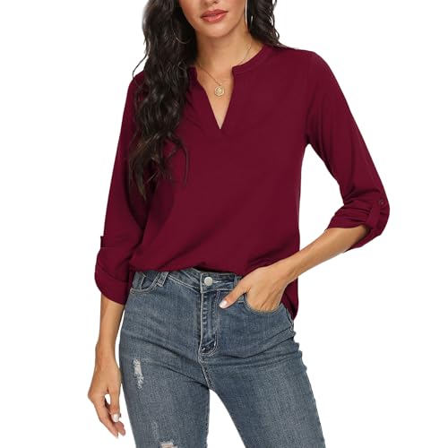 OUSIMEN Damen 3/4 Ärmel Bluse Damen V-Ausschnitt Elegant Langarm Blusen T-Shirt Casual Lässig Tops Einfarbig Longshirt von OUSIMEN