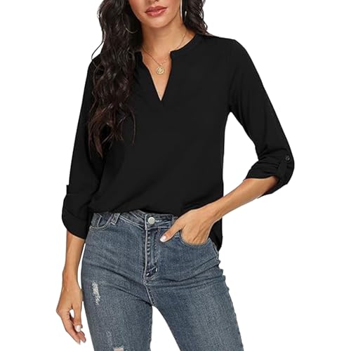 OUSIMEN Damen 3/4 Ärmel Bluse Damen V-Ausschnitt Elegant Langarm Blusen T-Shirt Casual Lässig Tops Einfarbig Longshirt von OUSIMEN