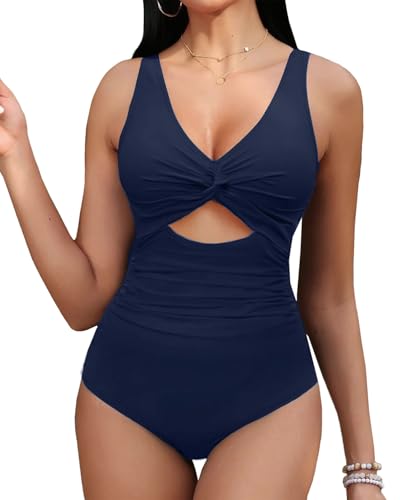 OUSIMEN Damen Badeanzug Einteiler V Ausschnitt Zierausschnitten Bauchweg Raffungen Bademode Swimsuit von OUSIMEN