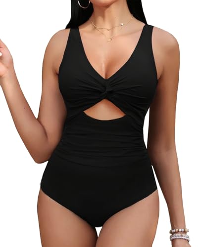 OUSIMEN Damen Badeanzug Einteiler V Ausschnitt Zierausschnitten Bauchweg Raffungen Bademode Swimsuit von OUSIMEN