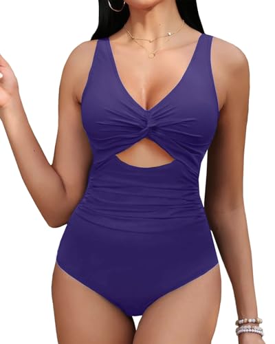 OUSIMEN Damen Badeanzug Einteiler V Ausschnitt Zierausschnitten Bauchweg Raffungen Bademode Swimsuit von OUSIMEN