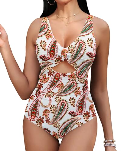 OUSIMEN Damen Badeanzug Einteiler V Ausschnitt Zierausschnitten Bauchweg Raffungen Bademode Swimsuit von OUSIMEN