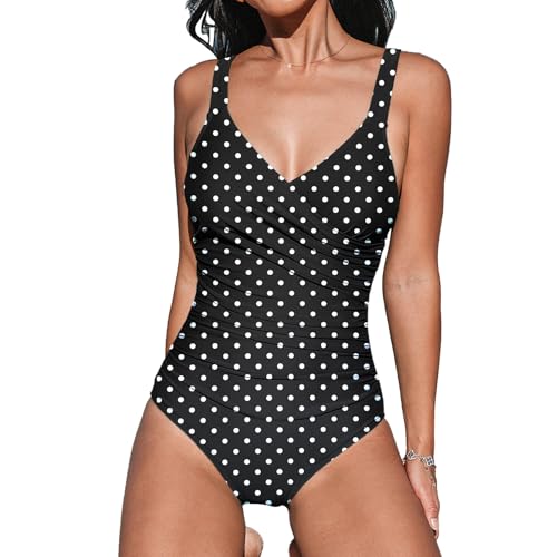 OUSIMEN Damen Badeanzug Einteiler mit V-Ausschnitt Rückenausschnitt Bauchformend Verstellbare Träger Bademode Swimsuit von OUSIMEN