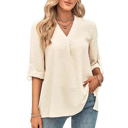 OUSIMEN Damen Bluse V-Ausschnitt Elegante Top Casual Schickes Langarm Hemdbluse Einfarbig Oberteil Shirt von OUSIMEN