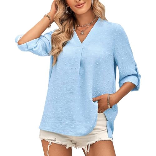 OUSIMEN Damen Bluse V-Ausschnitt Elegante Top Casual Schickes Langarm Hemdbluse Einfarbig Oberteil Shirt von OUSIMEN