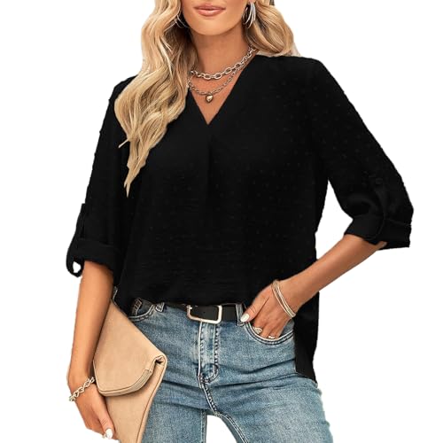 OUSIMEN Damen Bluse V-Ausschnitt Elegante Top Casual Schickes Langarm Hemdbluse Einfarbig Oberteil Shirt von OUSIMEN