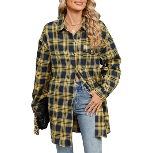 OUSIMEN Damen Karierte Bluse Langarm Button-down Knopfleiste Karohemd Casual Long Tunika Oberteile Shirt von OUSIMEN