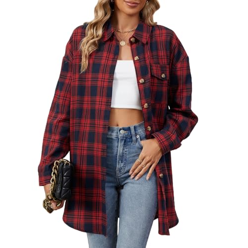 OUSIMEN Damen Karierte Bluse Langarm Button-down Knopfleiste Karohemd Casual Long Tunika Oberteile Shirt von OUSIMEN
