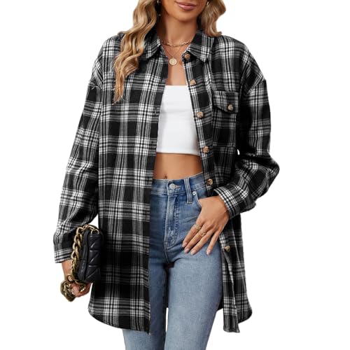 OUSIMEN Damen Karierte Bluse Langarm Button-down Knopfleiste Karohemd Casual Long Tunika Oberteile Shirt von OUSIMEN