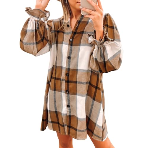 OUSIMEN Damen Kariertes Bluse Langarm Revers Karohemd Knopfleiste Hemdbluse Casual Baumwolle Lang Mantel Tops von OUSIMEN