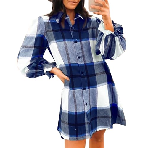 OUSIMEN Damen Kariertes Bluse Langarm Revers Karohemd Knopfleiste Hemdbluse Casual Baumwolle Lang Mantel Tops von OUSIMEN