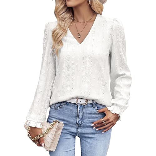 OUSIMEN Damen Puffärmel Langarmshirt Bluse V-Ausschnitt Oberteile Lässige Pullover Einfarbig Basic Tops von OUSIMEN