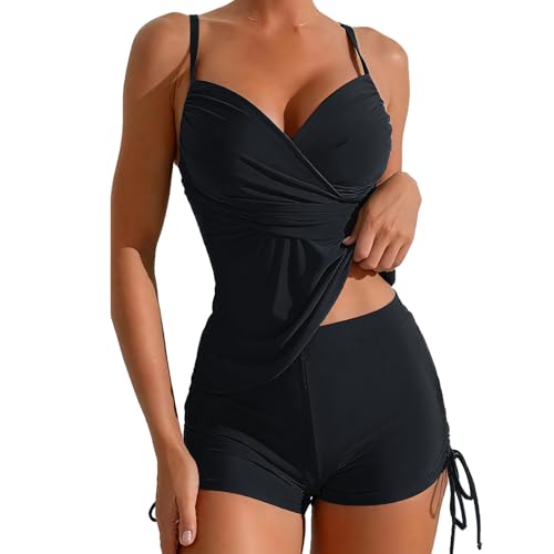 OUSIMEN Damen Tankini Set V Ausschnitt Wickeloptik Crossover Bikini Tunnelzug Bademode Zweiteiliger Badeanzug Swimsuit von OUSIMEN