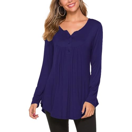 OUSIMEN Damen V-Ausschnitt Knopfleiste Bluse Longshirt Lässige T-Shirt Solide Tunika Langarm Casual Top von OUSIMEN