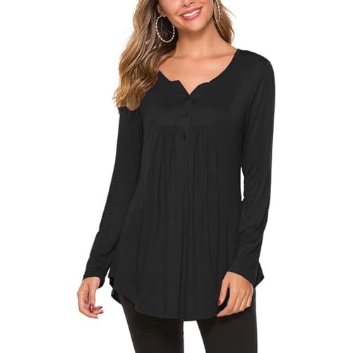 OUSIMEN Damen V-Ausschnitt Knopfleiste Bluse Longshirt Lässige T-Shirt Solide Tunika Langarm Casual Top von OUSIMEN