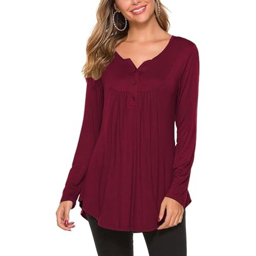 OUSIMEN Damen V-Ausschnitt Knopfleiste Bluse Longshirt Lässige T-Shirt Solide Tunika Langarm Casual Top von OUSIMEN