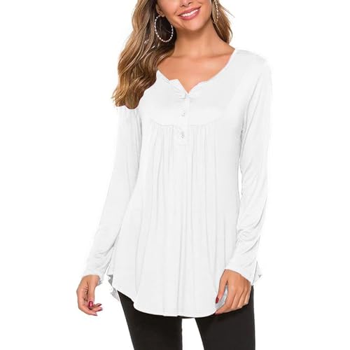 OUSIMEN Damen V-Ausschnitt Knopfleiste Bluse Longshirt Lässige T-Shirt Solide Tunika Langarm Casual Top von OUSIMEN