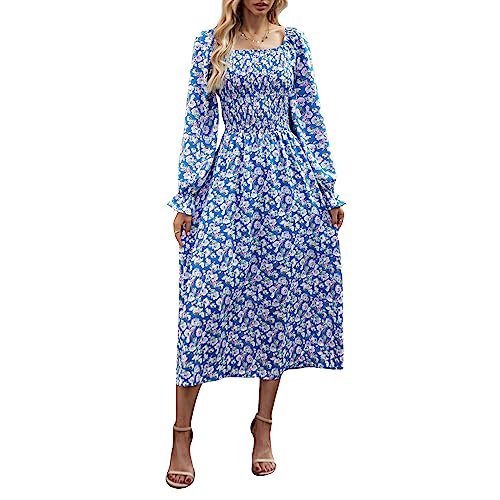 OUSIMEN Kleid Damen 2023 Boho Blumendruck Casual Midi Square-Kragen Rüschen Langarm Freizeitkleid von OUSIMEN