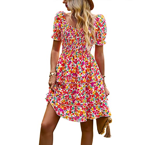 OUSIMEN Kleider Damen Casual Sommerkleid Print Rüschen A Linie Kurzarm Mini Strandkleid für Damen von OUSIMEN