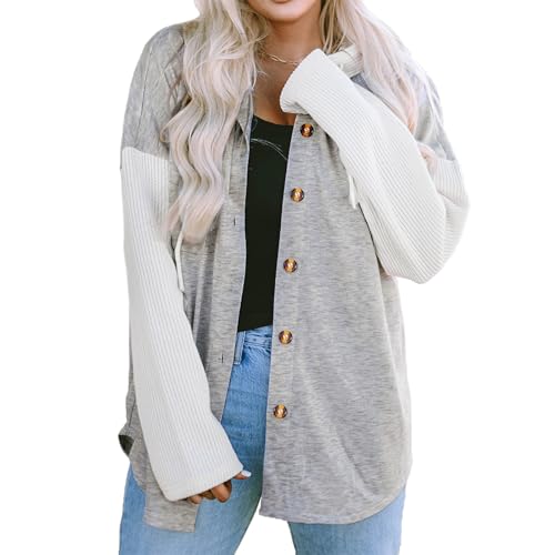 OUSIMEN Mäntel Damen Casual Kapuzen Shacket Jacke Langarm Knopf Hemden Blusen Herbst Winter Tops von OUSIMEN