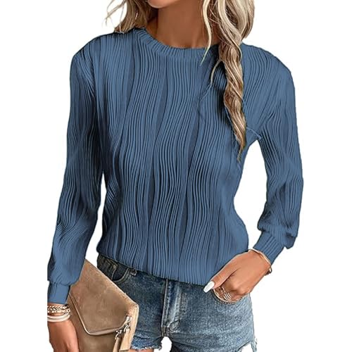 OUSIMEN T-Shirts für Damen Strukturiert Herbst Rundhalsausschnitt Lässig Trendig Gestrickt von OUSIMEN