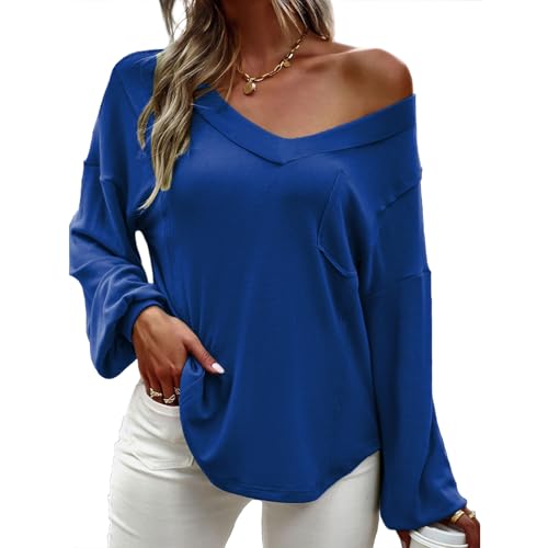 OUSIMEN T-Shirts für Damen Tops Langarm V-Ausschnitt Freizeitoberteile Locker Elegant Basic Herbstmode Trendy Outfits Winterkleidung von OUSIMEN