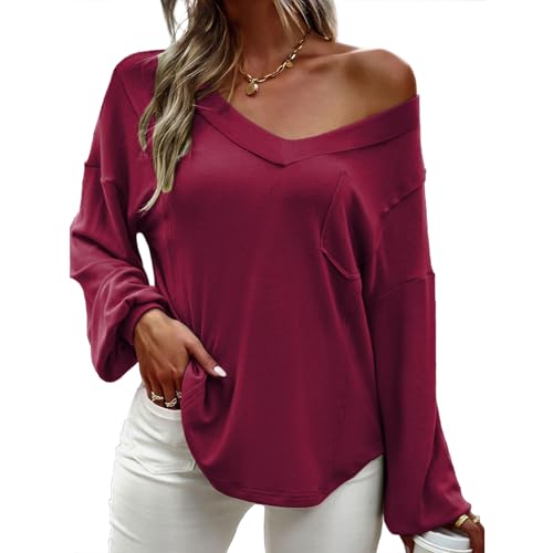 OUSIMEN T-Shirts für Damen Tops Langarm V-Ausschnitt Freizeitoberteile Locker Elegant Basic Herbstmode Trendy Outfits Winterkleidung von OUSIMEN