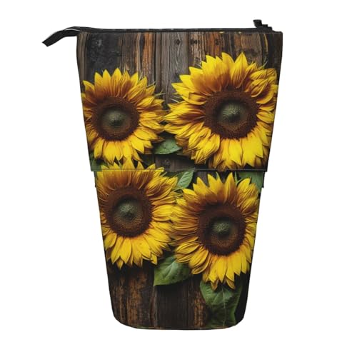 Federmappe mit Sonnenblume auf Holzplanke, vertikal, einziehbar, Schreibwarenbox, für Erwachsene, Büro von OUSXC