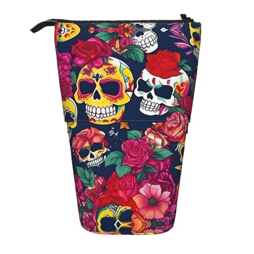 Sugar And Skulls And Flowers Vertical Retractable Pencil Case Stationery Box Adult Office Organizer Box von OUSXC