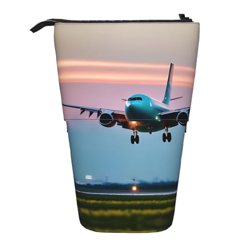 Vertikales einziehbares Federmäppchen mit Flugzeug in den Abendlichtern, Schreibwarenbox, für Erwachsene, Büro von OUSXC