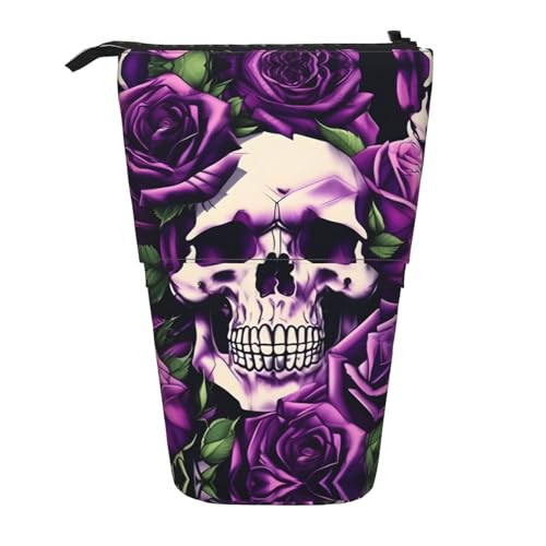 Viele lila Rosen Totenkopf Vertikal einziehbares Federmäppchen Schreibwaren Box Erwachsene Büro Organizer Box von OUSXC