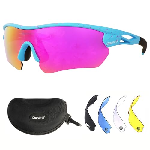 OUTDOORSPARTA Sport Sonnenbrille(8. Blauer Rahmen mit Farbpunkt, Volle Linse Gespiegelt Rosa) von OUTDOORSPARTA