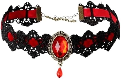 OUTLETISSIMO® ET164 Damen-Halskette Gothic-Stil mit schwarzer Spitze mit Anhänger in der Mitte rot und Anhänger elegant Cosplay ET164, taglia unica, zamak, zamak von OUTLETISSIMO
