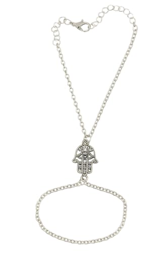 OUTLETISSIMO Armband Ring Hand der Fatima Silber - Ethnischer Schmuck mit Anhänger Hamsa Glücksbringer - Verstellbare Kette Damen Boho Chic ET134 von OUTLETISSIMO