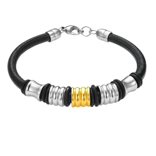 OUTLETISSIMO Herren-Armband aus schwarzem Leder mit Elementen aus verchromtem und vergoldetem Metall – Karabinerverschluss ET16 von OUTLETISSIMO