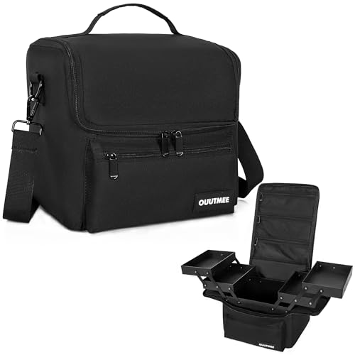 OUUTMEE Make-up-Tragetasche, schwarz, Make-up-Tragetasche, 4-stöckig, professioneller Organizer mit Riemen, Taschen für Make-Up-Nagelwerkzeuge, Dunkles Schwarz, 12x9x10 Inch von OUUTMEE