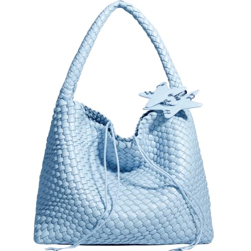OUYGZOU Gewebte Tragetasche für Damen, Schulterhandtaschen, Strand-Hobo, handgewebte Umhängetasche, Unterarmtasche, Top-Griff Tasche mit Geldbörsen, Wiegenlied, Blau, Einheitsgröße von OUYGZOU