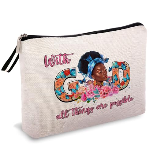 OUZ Afrikanische Make-up-Tasche, christliches Geschenk für Frauen, Bibelvers, Kosmetiktasche mit Reißverschluss, christliche Make-up-Taschen für Frauen – Gott alle Dinge sind möglich, Beige, von OUZ