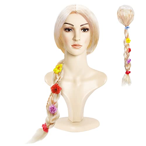 OVBOVA Prinzessin Cosplay Perücke für Frauen/Mädchen,Perücke Damenperücke Karneval lang Zopf geflochten Blonde Blond Rapunzel, Zöpfe Geflochten Haare lange Ersatz synthetische Perücken für Kostüm von OVBOVA